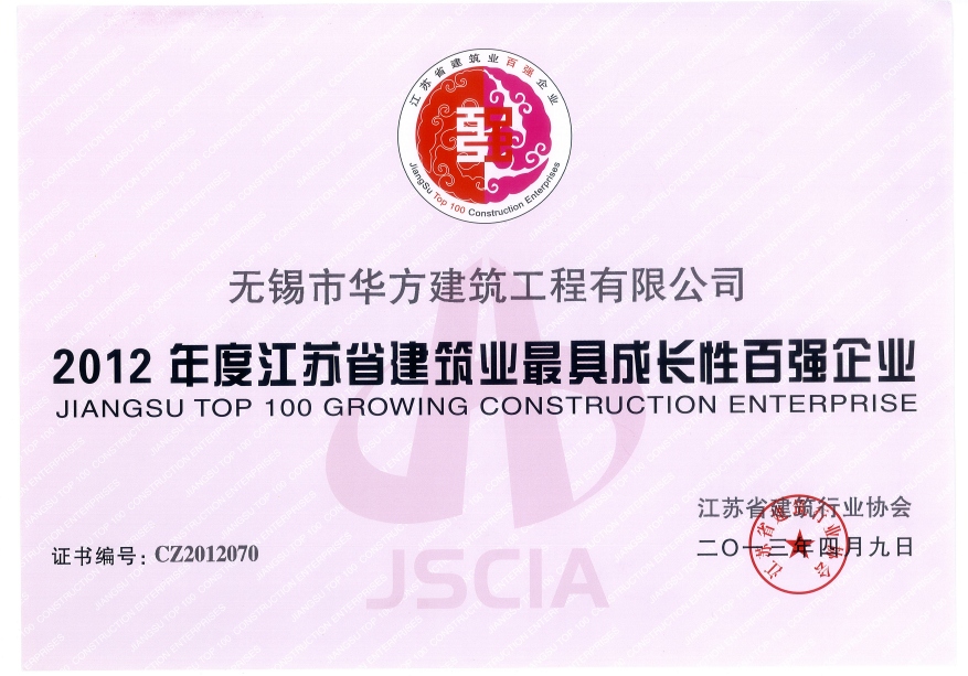 2012年度江蘇省建筑業最具成長性百強企業